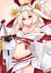  1girl alternate_costume alternate_hairstyle arm_support ayanami_(azur_lane) azur_lane bangs bare_shoulders blonde_hair blush breasts choker cleavage closed_mouth collarbone commentary_request cowboy_shot detached_sleeves eyebrows_visible_through_hair groin hair_between_eyes head_tilt headgear heart highres holding holding_sword holding_weapon long_hair looking_at_viewer medium_breasts navel petals pink_background red_eyes ryara_vivi sheath short_hair sidelocks simple_background skindentation solo standing stomach sword thigh-highs thighs veil weapon white_legwear 