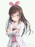  1girl a.i._channel bespectacled blush brown_hair closed_mouth commentary crossed_arms english_commentary glasses green_background green_eyes highres hikari_niji kizuna_ai labcoat long_hair long_sleeves looking_at_viewer multicolored_hair pink_hair red-framed_eyewear sailor_collar shirt short_shorts shorts simple_background smile solo streaked_hair very_long_hair virtual_youtuber white_sailor_collar white_shirt white_shorts 