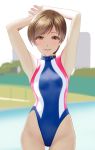  1girl armpits arms_behind_head arms_up bangs bare_shoulders blue_swimsuit blush breasts brown_eyes brown_hair closed_mouth competition_swimsuit highleg highleg_swimsuit highres hips idolmaster idolmaster_cinderella_girls long_hair looking_at_viewer medium_breasts nitta_minami one-piece_swimsuit ponytail smile solo striped striped_swimsuit swept_bangs swimsuit taka_(takahirokun) waist 