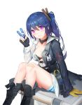  1girl bandaid bandaid_on_knee bangs between_fingers bikini_top black_bikini_top black_footwear black_gloves black_jacket blue_hair blue_shorts blush boots breasts collarbone commentary_request cross-laced_footwear eyebrows_visible_through_hair fingerless_gloves fingernails girls_frontline gloves hair_between_eyes highres holding jacket k11_(girls_frontline) knee_boots lace-up_boots leaning_to_the_side long_hair long_sleeves medium_breasts parted_lips seero shirt short_shorts shorts side_ponytail sitting sitting_on_object solo very_long_hair violet_eyes white_background white_shirt 