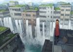  1girl air_conditioner brown_hair day highres long_sleeves looking_away original outdoors overgrown scarf scenery short_hair solo standing water waterfall yoshida_seiji 