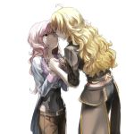  2girls ahoge backlighting blonde_hair brown_eyes brown_hair commentary english_commentary face-to-face hand_holding heterochromia jewelry kiss long_hair long_sleeves looking_at_another midriff multicolored_hair multiple_girls necklace neo_(rwby) pink_eyes pink_hair rwby shadow short_sleeves tears tl wavy_hair white_background white_hair yang_xiao_long yuri 