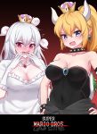  2girls armlet bangs bare_shoulders black_dress black_nails blonde_hair blue_dress blue_eyes blush boo bowsette bracelet breasts cleavage collar collarbone commentary_request covering_face crown dress earrings embarrassed eyebrows_visible_through_hair fangs flying_sweatdrops frilled_dress frills full-face_blush gem ghost gradient gradient_background hair_between_eyes hand_up hands_on_hips highres horns jewelry long_hair luigi&#039;s_mansion super_mario_bros. medium_breasts multiple_girls nail_polish narynn neck_garter new_super_mario_bros._u_deluxe nintendo open_mouth pointy_ears ponytail princess_king_boo red_background sharp_teeth short_sleeves spiked_armlet spiked_bracelet spiked_collar spiked_shell spikes strapless strapless_dress super_crown sweat teeth turtle_shell upper_body v-shaped_eyebrows very_long_hair violet_eyes white_dress white_hair 