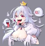  1girl blush boo breasts cleavage covering_face crown dress earrings face flying frilled_gloves frills ghost ghost_pose gloves gradient gradient_background hair_between_eyes jewelry long_tongue luigi&#039;s_mansion super_mario_bros. mini_crown nerokuro new_super_mario_bros._u_deluxe nintendo open_mouth princess_king_boo puffy_short_sleeves puffy_sleeves red_eyes sharp_teeth short_sleeves simple_background super_crown teeth tilted_headwear tongue tongue_out upper_body white_dress white_gloves white_hair 