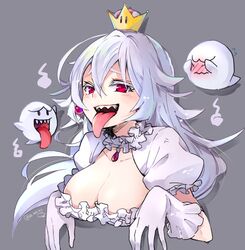  1girl blush boo breasts cleavage covering_face crown dress earrings face flying frilled_gloves frills ghost ghost_pose gloves gradient gradient_background hair_between_eyes jewelry long_tongue luigi&#039;s_mansion super_mario_bros. mini_crown nerokuro new_super_mario_bros._u_deluxe nintendo open_mouth princess_king_boo puffy_short_sleeves puffy_sleeves red_eyes sharp_teeth short_sleeves simple_background super_crown teeth tilted_headwear tongue tongue_out upper_body white_dress white_gloves white_hair 