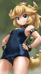  1girl alternate_costume armlet blonde_hair blue_eyes bowsette bracelet closed_mouth collar commentary_request crown earrings fang green_background hands_on_hips jewelry looking_at_viewer super_mario_bros. new_super_mario_bros._u_deluxe nintendo one-piece_swimsuit pointy_ears ponytail rohitsuka short_hair smile solo spiked_armlet spiked_bracelet spiked_collar spiked_shell spikes super_crown swimsuit tail younger 