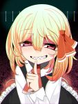  1girl ascot black_background blonde_hair commentary_request eyebrows_visible_through_hair hair_ribbon highres index_finger_raised long_sleeves looking_at_viewer pink_eyes red_neckwear red_ribbon ribbon rumia sharp_teeth short_hair smile solo teeth touhou yashiro_ryo 