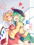  4girls ^_^ ascot black_hat blonde_hair closed_eyes closed_eyes commentary_request eyeball eyebrows_visible_through_hair flandre_scarlet green_hair green_skirt hat heart highres hug komeiji_koishi komeiji_satori long_sleeves multiple_girls nagomian puffy_short_sleeves puffy_sleeves red_eyes red_skirt remilia_scarlet short_hair short_sleeves sitting skirt spoken_blush third_eye touhou wings yellow_neckwear yuri 