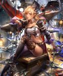  1girl artist_request bird blonde_hair breasts chain_whip chest cygames earrings gloves high_heels jacket jewelry keyring large_breasts leg_up looking_at_viewer midriff octrice_omen_of_usurpation official_art shadowverse smile thigh-highs violet_eyes 