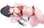  1girl bikini black_hair breasts brown_hair commentary_request feet_out_of_frame front-tie_top high_ponytail houshou_(kantai_collection) kantai_collection looking_at_viewer medium_breasts ponytail red_bikini side-tie_bikini simple_background solo swimsuit white_background yumesato_makura 