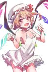  1girl :d bangs bare_shoulders blonde_hair blush crystal dress eyebrows_visible_through_hair fang flandre_scarlet hair_between_eyes hands_up hat hat_ribbon konnyaku_(kk-monmon) long_hair looking_at_viewer mob_cap no_bra open_mouth red_eyes ribbon side_ponytail simple_background sketch sleeveless sleeveless_dress smile solo spaghetti_strap touhou white_background white_dress wings 