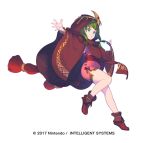  1girl ankle_boots boots brown_cape brown_footwear chiki dress fire_emblem fire_emblem:_mystery_of_the_emblem fire_emblem_heroes green_eyes green_hair headpiece hood hood_up hooded_cape jumping long_hair nagisa_kurousagi nintendo official_art outstretched_arms pink_dress sash short_dress simple_background solo spread_arms standing standing_on_one_leg watermark white_background 