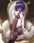  1girl black_panties breasts chair cleavage danann dress elbow_gloves eyebrows_visible_through_hair fate/grand_order fate_(series) gloves hairband hassan_of_serenity_(fate) highres hips leg_up looking_at_viewer mask mask_removed medium_breasts panties purple_hair raised_eyebrows short_hair solo thighs underwear white_dress 