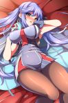 1girl armpits azur_lane bangs between_breasts black_legwear black_ribbon blue_cloak blue_dress blue_gloves blue_hair blush braid breasts character_name commentary_request dress essex_(azur_lane) eyebrows_visible_through_hair eyelashes french_braid full-face_blush gloves hair_ribbon hair_spread_out hands_up highres long_hair looking_at_viewer lying medium_breasts necktie necktie_between_breasts on_back panties panties_under_pantyhose pantyhose pantyshot pantyshot_(lying) parted_lips partly_fingerless_gloves red_neckwear ribbon sayossa_(pak-front) short_dress signature sleeveless sleeveless_dress solo twintails underbust underwear yellow_eyes 