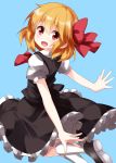  1girl :d ascot black_skirt black_vest blonde_hair blue_background eyebrows_visible_through_hair frilled_skirt frills highres looking_at_viewer looking_back medium_hair open_mouth outstretched_arms puffy_short_sleeves puffy_sleeves red_eyes red_neckwear rumia ruu_(tksymkw) shoes short_sleeves simple_background skirt skirt_set smile socks solo touhou vest white_legwear 