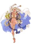  1girl ankle_wrap anklet armor arms_up bangle barefoot bracelet breasts cape cleavage flower gloves hair_flower hair_ornament headpiece highres holding jewelry large_breasts leg_up lips long_hair minaba_hideo navel necklace official_art open_mouth pink_eyes saber_(weapon) sheena_(terra_battle) solo sword terra_battle transparent_background very_long_hair weapon 