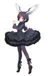 1girl ankle_lace-up bird_wings black_dress black_hair black_legwear bow bowtie character_request cross-laced_footwear dress eyebrows_visible_through_hair frilled_dress frills full_body hair_between_eyes head_wings ise_(0425) kemono_friends long_sleeves looking_at_viewer multicolored_hair pantyhose red_eyes redhead short_hair simple_background smile solo spread_wings standing tiptoes white_background white_hair wide_sleeves wings 