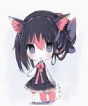  1girl :d animal_ear_fluff animal_ears bangs black_dress black_footwear black_hair black_legwear blush bow collared_shirt commentary_request cottontailtokki dress eyebrows_visible_through_hair fox_ears fox_girl fox_tail frilled_dress frills grey_bow grey_eyes hair_between_eyes hair_bow horns long_hair long_sleeves looking_at_viewer multicolored_hair open_mouth original red_bow red_ribbon redhead ribbon round_teeth shirt sleeveless sleeveless_dress sleeves_past_fingers sleeves_past_wrists smile solo standing streaked_hair tail teeth thigh-highs upper_teeth white_shirt 