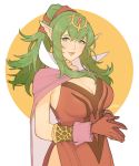  1girl breasts cape chiki cleavage dress fire_emblem fire_emblem:_kakusei fire_emblem:_mystery_of_the_emblem fire_emblem_heroes green_eyes green_hair highres jivke long_hair looking_at_viewer mamkute nintendo pink_dress pointy_ears ponytail short_dress simple_background smile solo tiara 