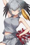  1girl bare_shoulders bird_wings blonde_hair blush cheerleader collarbone collared_shirt cowboy_shot eyebrows_visible_through_hair grey_hair guchico hair_tie hand_on_hip hand_up head_wings kemono_friends midriff_peek multicolored_hair navel pleated_skirt pom_poms shirt shoebill_(kemono_friends) short_hair skirt sleeveless solo wings 