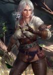 1girl arm_strap banned_artist belt bra ciri corset facing_viewer forest gloves green_eyes leather leather_pants lips looking_to_the_side nature outdoors pants parted_lips scar shirt short_hair silver_hair solo sword teeth the_witcher the_witcher_3 tight tight_pants underwear weapon white_belt wind zumi_(zumidraws) 