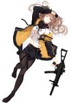  1girl absurdres arm_up bangs belt belt_buckle black_belt black_bow black_gloves black_legwear black_ribbon black_skirt bow breasts brown_eyes brown_hair buckle closed_mouth commentary dress_shirt dutch_angle eyebrows_visible_through_hair fingerless_gloves full_body girls_frontline gloves gun h&amp;k_ump9 hair_bow highres holding holding_gun holding_weapon homo_1121 hood hood_down hooded_jacket jacket long_hair long_sleeves looking_at_viewer lying navel neck_ribbon no_shoes object_namesake on_back one_eye_closed one_side_up open_clothes open_jacket pantyhose pleated_skirt puffy_long_sleeves puffy_sleeves ribbon shirt simple_background skirt small_breasts smile solo ump9_(girls_frontline) weapon white_background white_shirt 