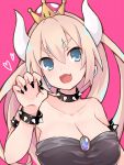  1girl :d bangs bare_shoulders black_collar black_dress blonde_hair blue_eyes bowsette bracelet breasts chest_jewel claw_pose cleavage collar collarbone commentary_request dress earrings eyebrows_visible_through_hair fangs hair_between_eyes hand_up heart high_ponytail highres horns jewelry large_breasts long_hair looking_to_the_side super_mario_bros. new_super_mario_bros._u_deluxe nintendo open_mouth pink_background sawara_(starligtvision) sidelocks simple_background smile solo spiked_armlet spiked_bracelet spiked_collar spikes strapless strapless_dress super_crown thick_eyebrows upper_body v-shaped_eyebrows 
