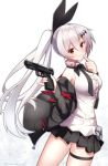  1girl bangs bare_shoulders black_jacket black_ribbon black_skirt blush breasts brown_eyes center_frills closed_mouth commentary_request eyebrows_visible_through_hair five-seven_(girls_frontline) five-seven_(gun) frills girls_frontline gun hair_between_eyes hair_ribbon handgun head_tilt highres holding holding_gun holding_weapon jacket long_hair long_sleeves medium_breasts object_namesake off_shoulder open_clothes open_jacket pistol pleated_skirt ponytail ribbon shirt silver_hair skindentation skirt sleeveless sleeveless_shirt smile solo surume_aburi thigh_strap twitter_username very_long_hair weapon white_shirt 