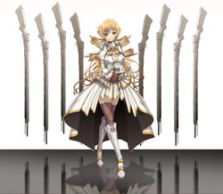  1girl breasts cleavage cleavage_cutout corset cup drill_hair elbow_gloves gloves gun highres long_hair magia_record:_mahou_shoujo_madoka_magica_gaiden magical_musket mahou_shoujo_madoka_magica misenouchi planted_weapon reflection ribbon smile solo teacup thighs tomoe_mami very_long_hair weapon white_background yellow_eyes 