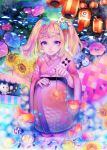  1girl abstract abstract_background bangs blonde_hair blue_eyes colorful festival fish flower goldfish hair_ornament hairclip japanese_clothes kimono kneeling lantern maiko_kuzuga morning_glory nail_polish original paper_lantern pink_kimono solo sunflower twintails yukata 