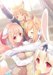  4girls ^_^ alternate_hairstyle amamiya_aki amamiya_mei animal_ear_fluff animal_ears arm_up arms_around_neck bangs blonde_hair blurry blurry_background bow braid chips closed_eyes closed_eyes cynthia_riddle dutch_angle ears_down eyebrows_visible_through_hair food fox_ears fox_tail hair_between_eyes hair_ornament hair_ribbon hairclip highres jacket long_sleeves looking_at_viewer milia_leclerc mouth_hold multiple_girls open_mouth original p19 pink_hair pleated_skirt ponytail rabbit_ears red_eyes ribbon school school_uniform shirt short_hair skirt smile stairs steepled_fingers swept_bangs tail vest white_hair white_shirt x_hair_ornament 
