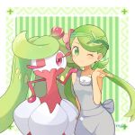  2girls artist_name creatures_(company) game_freak gen_7_pokemon green_eyes green_hair mallow_(pokemon) mei_(maysroom) multiple_girls nintendo one_eye_closed pokemon pokemon_(anime) pokemon_(creature) pokemon_sm_(anime) tsareena twitter_username violet_eyes 