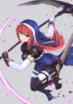  1girl bangs blue_eyes blush breasts eyebrows_visible_through_hair floating_hair full_body grey_background hair_between_eyes high_heels highres holding holding_weapon large_breasts long_hair looking_at_viewer nun original parted_lips redhead simple_background smile solo tori@gununu weapon 
