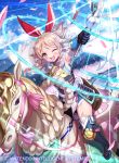  1girl armor armpits black_gloves blonde_hair boots bow braid breastplate cape clouds cloudy_sky emma_(fire_emblem) fire_emblem fire_emblem_cipher flying full_body garter_straps gloves hair_bow kousei_horiguchi long_hair looking_at_viewer magic nintendo official_art one_eye_closed open_mouth pegasus pegasus_knight riding rod sky smile solo thigh-highs thigh_boots twin_braids watermark yellow_eyes 