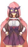  1girl breasts brown_hair center_frills closed_mouth corset cowboy_shot facing_viewer fate/grand_order fate_(series) frilled_shirt frilled_skirt frills glowing hair_bobbles hair_ornament hands_on_hips hood hood_up hooded_cape legs_apart long_hair long_sleeves low_twintails mask medium_breasts osakabe-hime_(fate/grand_order) p!nta pink_cape purple_skirt shirt simple_background skirt sleeves_past_wrists smile solo twintails very_long_hair white_background white_shirt 
