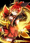  1girl alice360 alternate_color armpits breasts cleavage corruption elsword eyebrows_visible_through_hair fire flame highres holding holding_weapon ignia_(elsword) priestess redhead smile weapon 