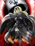  ahoge armor armored_dress bangs black_dress breasts cape chains commentary_request dress eyebrows_visible_through_hair fate/grand_order fate_(series) flag fur-trimmed_cape fur_collar fur_trim gauntlets headpiece highres jeanne_d&#039;arc_(alter)_(fate) jeanne_d&#039;arc_(fate)_(all) pale_skin short_hair silver_hair sword takusan-kita thigh-highs tsurime weapon yellow_eyes 