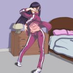  ankle_socks bedroom black_hair blue_eyes chuunibyou drawfag gokou_ruri hand_over_eye hand_over_face highres hime_cut mole mole_under_eye ore_no_imouto_ga_konna_ni_kawaii_wake_ga_nai pose socks track_suit 