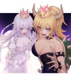  2girls :p bare_shoulders black_dress blonde_hair blue_eyes blush bowsette bracelet breasts claw_pose collar commentary_request crown dress earrings ghost hair_between_eyes jewelry large_breasts long_hair looking_at_viewer super_mario_bros. multiple_girls nintendo open_mouth pink_eyes pointy_ears princess_king_boo puffy_sleeves sharp_teeth silver_hair spiked_armlet spiked_bracelet spiked_collar spikes standing standing_on_one_leg super_crown super_mario_bros. teeth thigh_gap tongue tongue_out wanke white_dress 