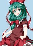  1girl :d bangs blue_background blush bow commentary_request cowboy_shot dress eyebrows_visible_through_hair frilled_ribbon frilled_shirt_collar frills green_eyes green_hair hair_between_eyes hair_ribbon head_tilt highres kagiyama_hina long_hair looking_at_viewer open_mouth petticoat puffy_short_sleeves puffy_sleeves red_bow red_dress ribbon ruu_(tksymkw) short_sleeves simple_background skirt_hold smile solo touhou 