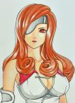  1girl absurdres akaho_(choco_daisuki) beatrix breasts brown_eyes brown_hair cleavage colored_pencil_(medium) commentary_request eyepatch final_fantasy final_fantasy_ix highres large_breasts long_hair solo traditional_media 
