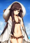  1girl bangs bikini black_bikini blue_sky blunt_bangs breasts brown_eyes brown_hair character_request clouds collarbone commentary_request day eyebrows_visible_through_hair forever_7th_capital frilled_bikini frills hand_on_own_chest hat highres jewelry long_hair looking_at_viewer minaha_(playjoe2005) mole mole_under_eye navel outdoors ring sky small_breasts smile solo sun_hat swimsuit very_long_hair water wedding_band 