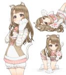  1girl :3 all_fours animal_ears animal_print applepie_(12711019) bangs bell bloomers blunt_bangs blush bow breasts brown_eyes brown_hair cat_ears cat_paws character_sheet cleavage closed_mouth highres idolmaster idolmaster_million_live! idolmaster_million_live!_theater_days jingle_bell long_hair looking_at_viewer lying miyao_miya multiple_views on_back paw_pose paws pink_bow smile tail tiger_print tiger_tail underwear 