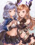  2girls bare_shoulders belt blue_hair braid breasts brown_hair eye_contact granblue_fantasy hair_ornament halterneck interlocked_fingers jacket looking_at_another medium_breasts microskirt multiple_girls navel open_mouth silva_(granblue_fantasy) skier skirt smile song_(granblue_fantasy) twin_braids usari_sk yellow_eyes yuri 