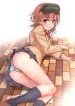  1girl black_legwear black_skirt blazer brick_road brown_eyes brown_hair commentary_request head_mounted_display jacket looking_at_viewer lying misaka_imouto on_side panties puma_(hyuma1219) short_hair skirt solo striped striped_panties to_aru_majutsu_no_index tokiwadai_school_uniform underwear 