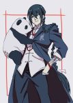  1boy animal black_coat black_hair black_pants braid closed_mouth coat commentary_request fate/grand_order fate_(series) green_eyes grey_background highres holding holding_animal long_hair looking_at_viewer male_focus mi_(pic52pic) panda pants smile solo standing very_long_hair yan_qing_(fate/grand_order) 