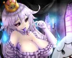  1girl amiable black_sclera blue_fire boo breasts crown dress fire frilled_dress frilled_gloves frills gloves indoors large_breasts long_hair long_tongue luigi&#039;s_mansion super_mario_bros. mini_crown new_super_mario_bros._u_deluxe nintendo pale_skin princess_king_boo puffy_short_sleeves puffy_sleeves purple_tongue saliva sharp_teeth short_sleeves super_crown super_mario_bros. teeth tilted_headwear tongue tongue_out violet_eyes white_dress white_gloves white_hair window 