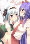  2girls animal_ears arm_support bangs black_hairband black_legwear black_neckwear black_ribbon blue_eyes blush breasts commentary_request cowboy_shot glomp green_vest hair_ribbon hairband heart hitodama hug karasusou_nano konpaku_youmu konpaku_youmu_(ghost) leaning_forward leg_up long_hair looking_at_another medium_breasts miniskirt multiple_girls neck_ribbon necktie open_mouth purple_hair rabbit_ears red_eyes red_neckwear red_skirt reisen_udongein_inaba ribbon shirt short_hair short_sleeves silver_hair sitting skirt thigh-highs thighs touhou vest white_background white_shirt wing_collar yuri zettai_ryouiki 