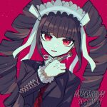  1girl :d artist_name bangs black_hair black_jacket black_nails celestia_ludenberg danganronpa:_trigger_happy_havoc danganronpa_(series) dated drill_hair earrings happy_birthday index_finger_raised jacket jewelry long_hair mikao_(eanv5385) nail_polish necktie open_mouth print_necktie red_background red_eyes red_necktie shiny shiny_hair simple_background smile solo twin_drills twintails upper_body 