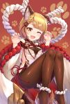  1girl ;d animal_ears bangs bare_shoulders blonde_hair blush braid breasts brown_eyes brown_legwear claw_pose detached_sleeves dog_ears dog_tail erune eyebrows_visible_through_hair granblue_fantasy hands_up highres looking_at_viewer one_eye_closed open_mouth pantyhose paw_print rope shimenawa short_hair sideboob simple_background small_breasts smile solo tail tomo_(user_hes4085) vajra_(granblue_fantasy) wide_sleeves 